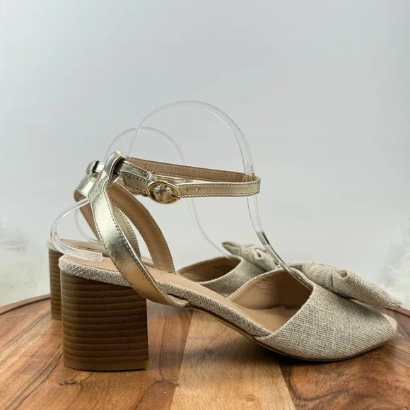 LOFT Beige Woven Bow Block Heel Ankle Strap Sz 9.5M Sandals Gold Shimmer Party - Picture 8 of 12